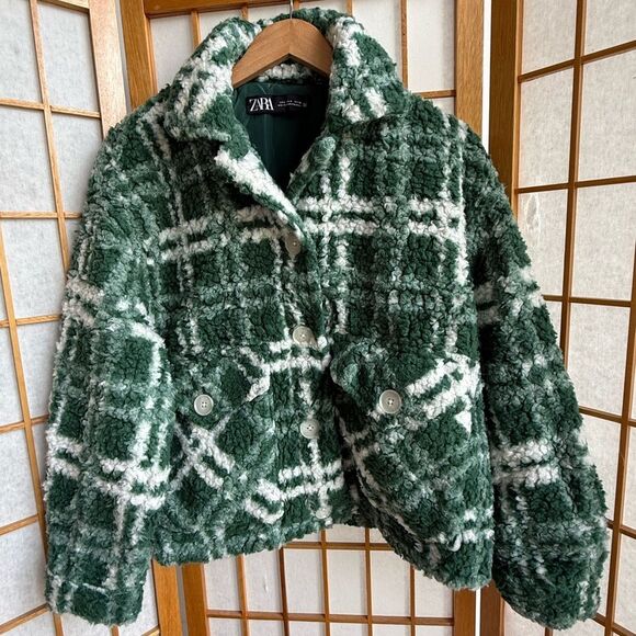 Zara Combination Plaid Fleece Button Front Jacket in Green/White | Small - Picture 10 of 10